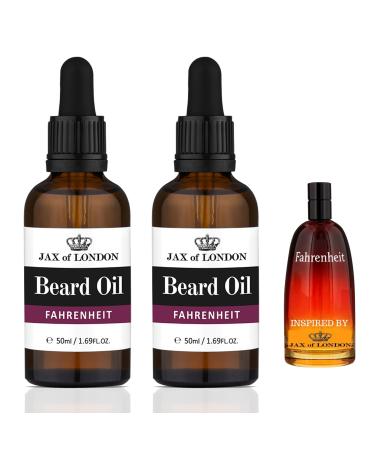 Jax of London Fahrenheit Inspired Beard Oil 100ml Bundle Pack. Beard Conditioning & Growth Oil with Vitamin E Luxury Scented Men s Cologne Fragrance Fahrenheit 50 ml (Pack of 2)