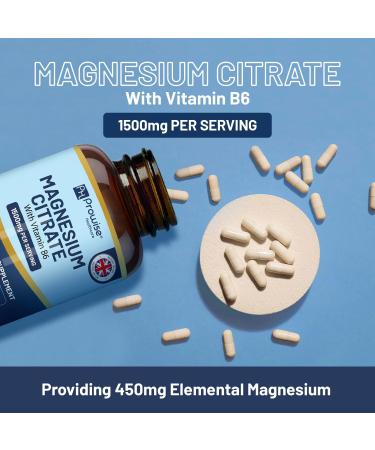 Magnesium Citrate Capsules 1500mg with Vitamin B6 | 120 Vegan Capsules | 450mg Elemental Mg | Capsule not Tablets | Made in UK by Prowise - Buy Online on GoSupps.com