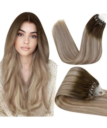 Hetto Microring Extensions Real Hair Blond Microring Extensions Human Hair Remy Microring Hair Grounding Darker Brown to light brown with medium blonde 50g 3/8/22 55 cm 55cm 3-3 MR #3/8/22