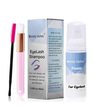 Eyelash Shampoo for Eyelash Extension Cleanser 60ml Eyelash Foam Cleanser Lash Cleanser Makeup Remover with Soft Brush and Eyelash Mascara Wand(Lash Shampoo-60ml) 60ML Lash Shampoo