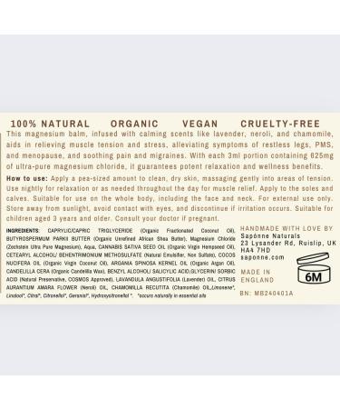 Sap nne Naturals Magnesium Wellness Balm- Vegan | Sleep & Muscle Balm | High-Strength Zechstein Magnesium 625mg | Restless Legs | Argan Oil Hempseed Oil Shea Butter |60g Jar Cream - Buy Online on GoSupps.com
