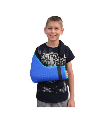 Child Arm Sling (10-11yr, Blue/Aqua Trim) - Medical Grade, Feel-Safe Design with Cooling Comfort - Includes Smiley Sticker - Fits Right or Left Arm - Buy Online on GoSupps.com