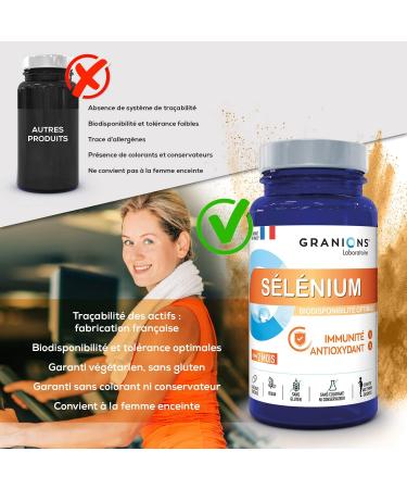 GRANIONS: Immunity and energy SELENIUM 55 g-100% of recommended intake- Optimal bioavailability-IMMUNITY AND ANTI OXIDANT-Suitable for pregnant women- 60 capsules-1 vial 2 months-Made in France - Buy Online on GoSupps.com