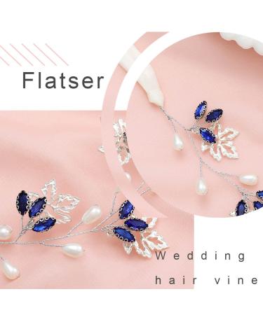 Flatser Blue Crystal Wedding Hair Vine - Silver Pearl Rhinestone Bridal Headpiece for Women - Buy Online on GoSupps.com