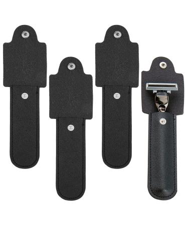 SUPERFINDINGS 4Pcs PU Leather Razor Protective Case 141mm Long Black Razor Sheath Button Design Shaving Pouch Holder for Travel Inner size:109x30mm