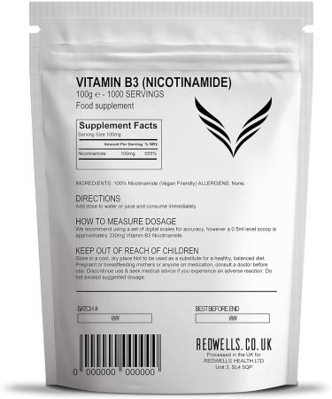 Vitamin B3 Powder Nicotinamide - REDWELLS Non-Flush 100g | Buy Premium Quality Internationally - Buy Online on GoSupps.com