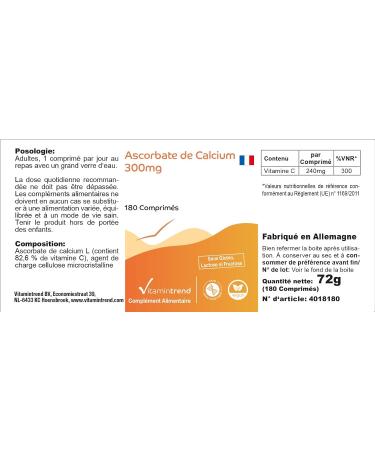Ascorbate de Calcium 180 comprim s ! POUR 6 MOIS ! Vitamine C 300mg tamponn e V gan Flacon avantageux | Vitamintrend  - Buy Online on GoSupps.com