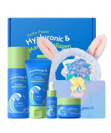 LAIKOU Hydra Power Skin Care Set - Hyaluronic & Marine Collagen Skin Care - Skin Care Kit with Facial Cleanser Serum Toner Cream Headband Greeting Card - Non-Greasy Fragrance Free - Beauty Gift