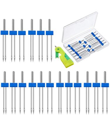 18 Pieces Sewing Machine Twin Needles Double Twin Needles Pins Twin Stretch Needles with Plastic Box, Automatic Needle Threader for Household Sewing Machine, 3 Mixed Sizes 2.0/90, 3.0/90, 4.0/90