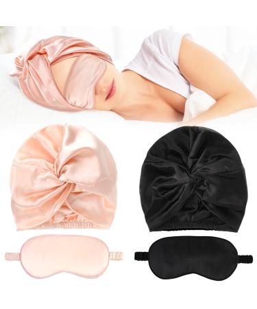SATINIOR 4 Pcs Silk Bonnet Sleep Cap Eye Cover Women Silk Hair Wrap for Sleeping and Comfortable Sleep Eye Covering (Black  Pink)  4 Piece Set
