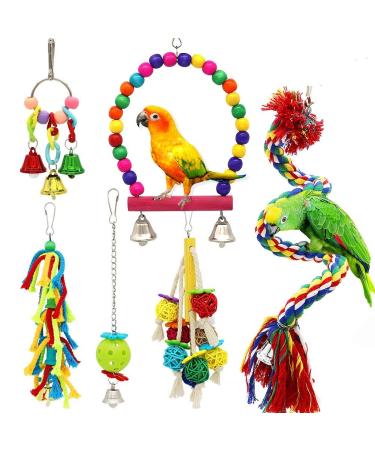Small Bird Swing Toys, 6 PCS Parrots Chewing Natural Wood and Rope Bungee Bird Toy for Anchovies, Parakeets, Cockatiel, Conure, Mynah, Macow and Other Small Birds