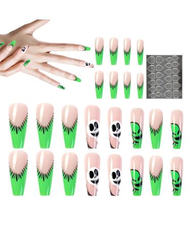 Halloween Nail Tips Halloween Press On Nails Medium Horror Ghost and Skull Halloween Fake Nails 24Pcs Coffin French Tip False Nails with Gel Glue for Halloween Cosplay Party