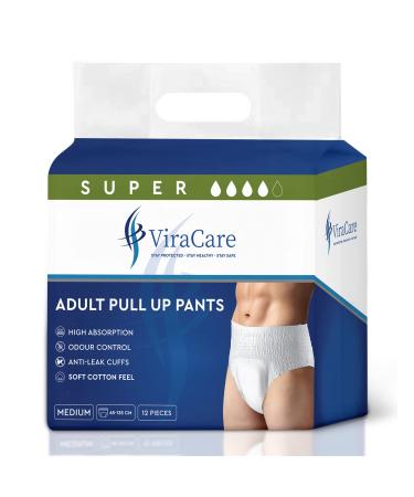 ViraCare Adult Incontinence Pull Up Pants | for Unisex | Heavy Absorbent and Soft-Stretch Waistband | with Leak Stop Guards | Waist Size Medium 65-135 cm | 12 Count | Medium Size | Size Medium 12 M (Pack of 1)