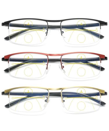 Vevesmundo Multifokus Reading glasses Blue light filter metal anti -blue light Showl light Halfbrille Halfbrille progressive reading aid visual aid glasses with presence for men 3 pieces set (black+red+gold) 3.0 x