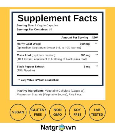 Natgrown Horny Goat Weed and Maca Root Extract Supplement for Men & Women (Epimedium Extract Hornygoatweed) Vegan Capsules - 120 Count - Buy Online on GoSupps.com