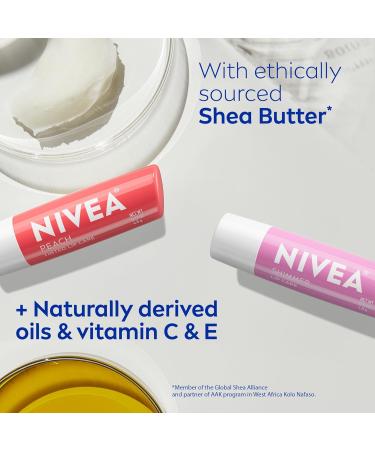NIVEA Peach Lip Care (4 x 0.17 oz Stick) + NIVEA Shimmer Lip Care (4 x 0.17 oz Stick) Lip Balm Set with Shea Butter Nourishing Oils and Vitamin C & E - Buy Online on GoSupps.com