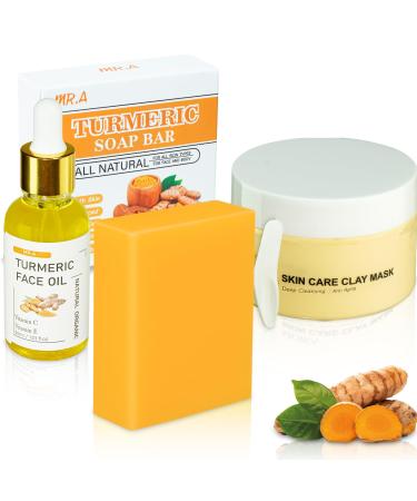 Handmade Turmeric Soap Bar & Turmeric Face Clay Mask & Turmeric Oil skincare Set Vitamin C Facial Mask for Pores Honey Tumeric Soap for Face & Body Turmeric Face Serum Dermaplaning Oil