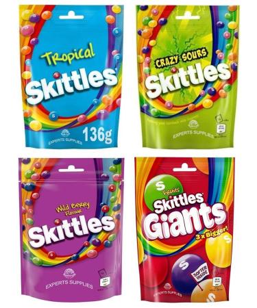 4x Skittles Fruit Flavoured Sharing Pouch - Wild Berry 136g Fruits Giants 132g Crazy Sours 136g Tropical 136g by Experts Supplies