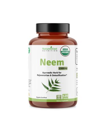 Nature'sVast Neem Tablets-USDA Organic 100% Pure 1500mg (120 Count) Azadirachta Indica Neem 120 Count