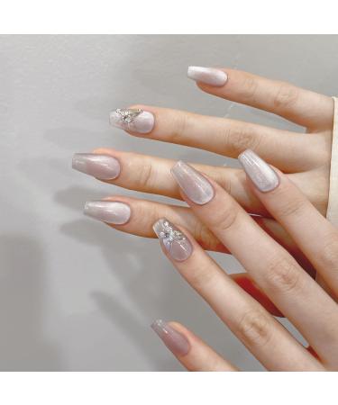 Nude cat eye hand-made nails long nails hand-made press-on nails gentle removable nail stickers(Purple Short ladder M)