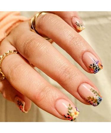 Square Press on Nails Short - TUZADNW Flower Design Short Fake Nails Press ons 24 Pcs Artificial Nude Full Cover Glue on Nails Glossy Stick on Acrylic Nails for Women