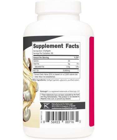 Ketologic MCT Oil (180 Softgels) (60 Servings) (3 000MG MTC Oil per Serving) - Medium Chain Triglycerides - Buy Online on GoSupps.com