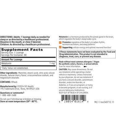 Klaire Labs SFI Health Melatonin Lozenge - Fast-Dissolving, Quick Release 1 Milligram Melatonin Tablets for Men & Women with Natural Cherry Flavor (60 Dissolvable Tablets) 60 Count (Pack of 1) - Buy Online on GoSupps.com