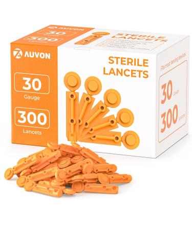 AUVON Blood Lancets, 30 Gauge 300 Twist Top Lancets with Less Pain Design Fit Most Standard Lancing Devices for Blood Sugar Kit and Glucose Meter - Orange