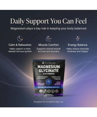 Puretrex Magnesium Glycinate Complex, 120 Vegan Capsules, 9-in-1 Formula with 6 Advanced Forms, Supports Muscle Performance, Maximum Absorption - Buy Online on GoSupps.com