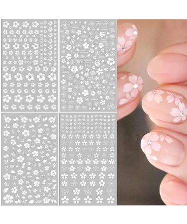 White Flower Nail Art Stickers 3D Self Adhesive Nail Design Nail Art Supplies White Cherry Blossoms Designers Nail Decals for Acrylic Nail Women Girls Manicure DIY Decoration(4 Sheets) Nail-4