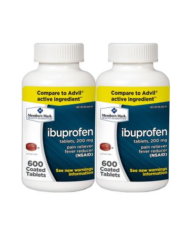 Member's Mark Ibuprofen Coated Tablets 200mg Pain Reliever Fever Reducer Nsaid (2 bottles (1200 tablets))