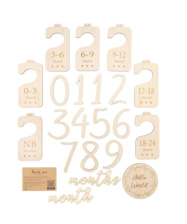 Wooden Baby Milestone Bundle - 7 Baby Closet Dividers for 0 to 24 Months -11 Baby Milestone Numbers & Birth Announcement Sign - All Handcrafted of Beautiful Lotus & Boxed for Elegant Gifting