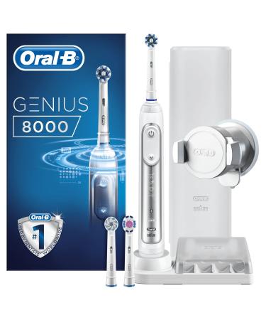 Oral-B Genius Electric Toothbrush with Artificial Intelligence Gifts For Women / Men App Connected Handle 3 Toothbrush Heads & Travel Case 5 Modes with Teeth Whitening 2 Pin UK Plug 8000 Silver Platinum 1 Count (Pack of 1)