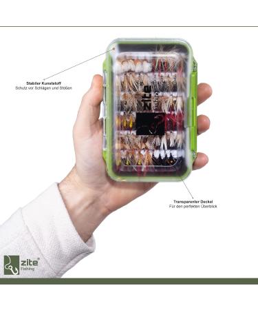Zite Fishing Fly Set - 120 Artificial Lures + Waterproof Fly Box for Trout & Char Fishing | International Shipping Available - Buy Online on GoSupps.com
