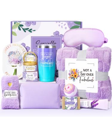 Birthday Gifts for Women Self Care Friendship Gifts Lavender Relaxing Spa Gifts Basket Care Package w/ Luxury Flannel Blanket 20 Oz Tumbler Unique Mothers Day Gift for Mom Her Friend Sister Wife Purple