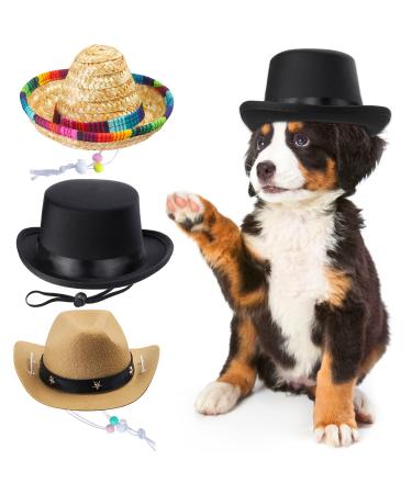 Yewong 3 Pieces Pet Hat Pet Formal Top Hat Mexico Sombrero Hat Cowboy Hat Dog Cat Pet Costume Hat for Halloween Party Photo Props Supplies