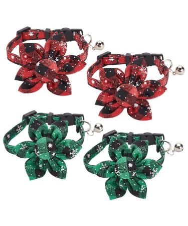 Webeedy 4 pieces of Christmas cat neckbands Breakaway with flower and bell adjustable kitten neck band with a classic stomach pattern holiday collar for cats 18-28 cm