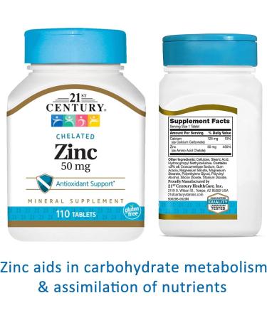 Zinc 50mg 21st Century Chelated Tablets 110ct (2 Pack) + Bonus My Outlet Mall Pouches - Immune Support & Skin Health - Buy Online on GoSupps.com
