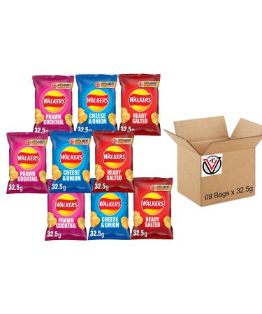 Walkers Cheese & Onion Prawn Cocktail Ready Salted Flavour Crisps 32.5g | 09 Mixed Flavour Bags