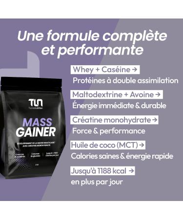 MASS GAINER | Gainer Prise de Masse Musculation | Cr atine | +1200 kcal par jour | Prot ines Whey & Cas ine + Glucides Avoine & Maltodextrine + MCT | 20 Portions par Doypack de 2 kg | Fraise | TLN Fraise 2 Kg - Buy Online on GoSupps.com