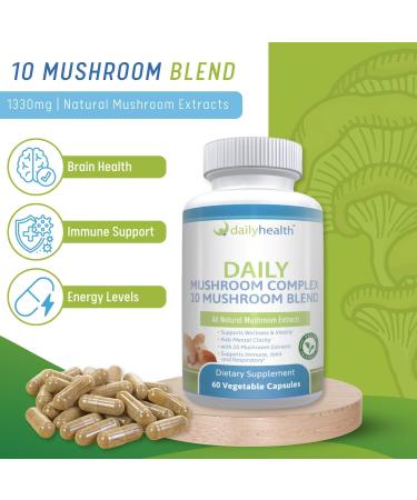 Daily Health 10 Mushroom Blend Complex 60 Capsules Cordyceps Reishi Shiitake Lions Mane Maitake Turkey Tail Chaga Agaricus White Button Black Fungus Vegan Friendly (1 Month Supply) 60 Count (Pack of 1) - Buy Online on GoSupps.com