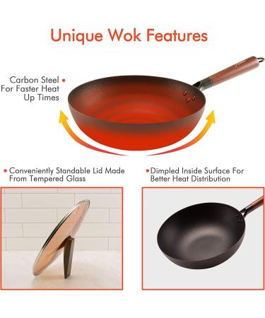 12.5 Inch Carbon Steel Wok with Lid, Spatula & Glass Lid - Versatile Stir Fry Pan for Gas, Electric & Induction Stoves - Buy Online on GoSupps.com