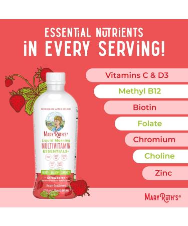 MaryRuth's Liquid Morning Multivitamin Essentials+ | Vitamin A C D E B6 B12 K2 Biotin Zinc | Mens Womens Multivitamin | Immune Support | Beauty | Sugar Free | Vitamins for Ages 1+ | Vegan | 32 Fl Oz Strawberry - Buy Online on GoSupps.com