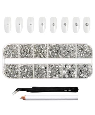 Beadsland Rhinestones for Makeup,8 Sizes 2500pcs Crystal Flatback Rhinestones Face Gems for Nails Crafts with Tweezers and Wax Pencil,Clear,SS4-SS30