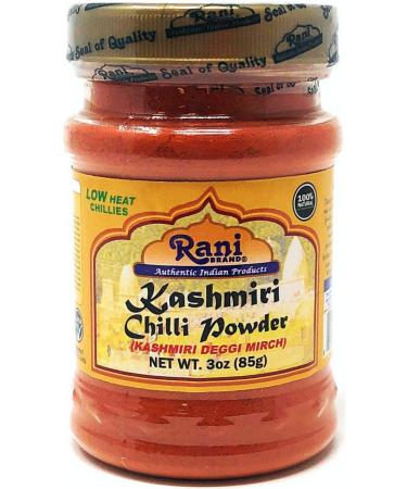 Rani Kashmiri Chilli Powder (Deggi Mirch, Low Heat) Ground Indian Spice 3oz (85g) PET Jar  All Natural | Salt-Free | Vegan | No Colors | Gluten Friendly | NON-GMO | Indian Origin Powder (Jar) 3 Ounce (Pack of 1)
