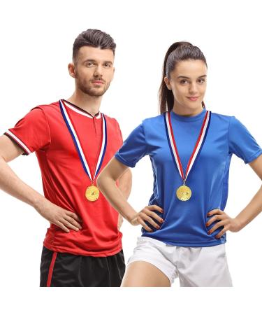 Juvale 12 Pack Soccer Medals - Gold Metal Team Participation Trophies for Kids and Adults - Perfect for Parties - Red, White, Blue Stripes with Soccer Ball and Goal Net Design - Buy Online on GoSupps.com