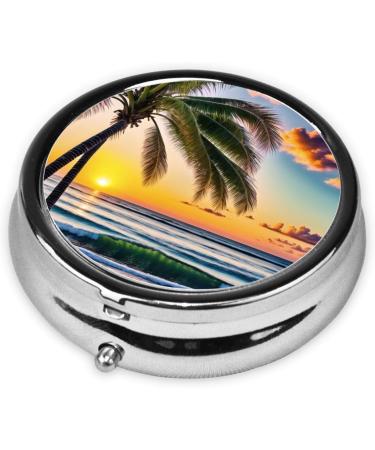 Beach Palm Trees Sunset Mini Round Pill Box | 3 Compartment Travel Pill Organizer | Portable Medicine Case for Home & Office - Buy Online on GoSupps.com