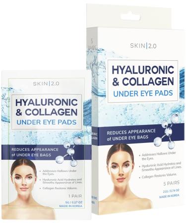 Skin 2.0 Hyaluronic Acid and Collagen Under Eye Patches - Anti-aging  Reduces Under Eye Bags & Wrinkles  Firming & Hydrating Under Eye Pads - Cruelty Free Korean Skincare For All Skin Types - 5 Pairs