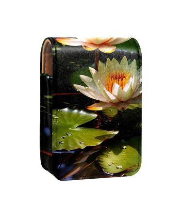 Lipstick Case Leather Lip Gloss Lipstick Organizer with Mirror Mini Lipstick Holder Bag Art Flower Water Lily Pattern F162o5axfr