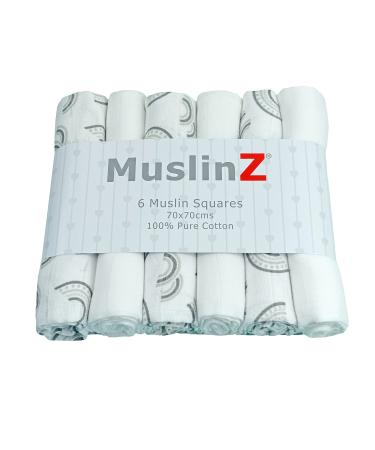 MuslinZ 6pk Baby Muslin Squares - Baby Burp Cloth - Newborn Essential mulit-use - Soft and Absorbent 100% Cotton 70x70cm (Grey Rainbow)